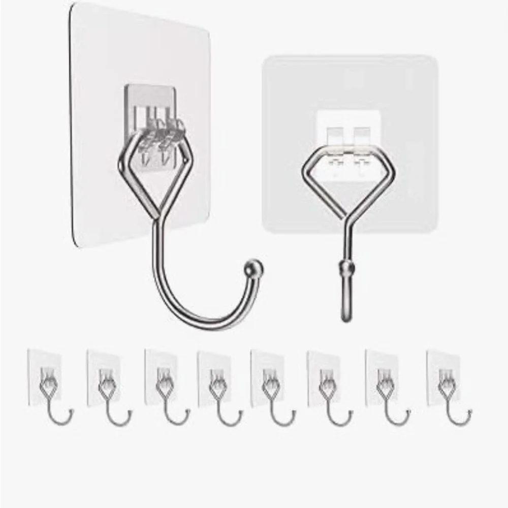 2/$40 💥 NEW Large (10) Wall Adhesive Hooks (44lb max) Clear & Removable (4431)